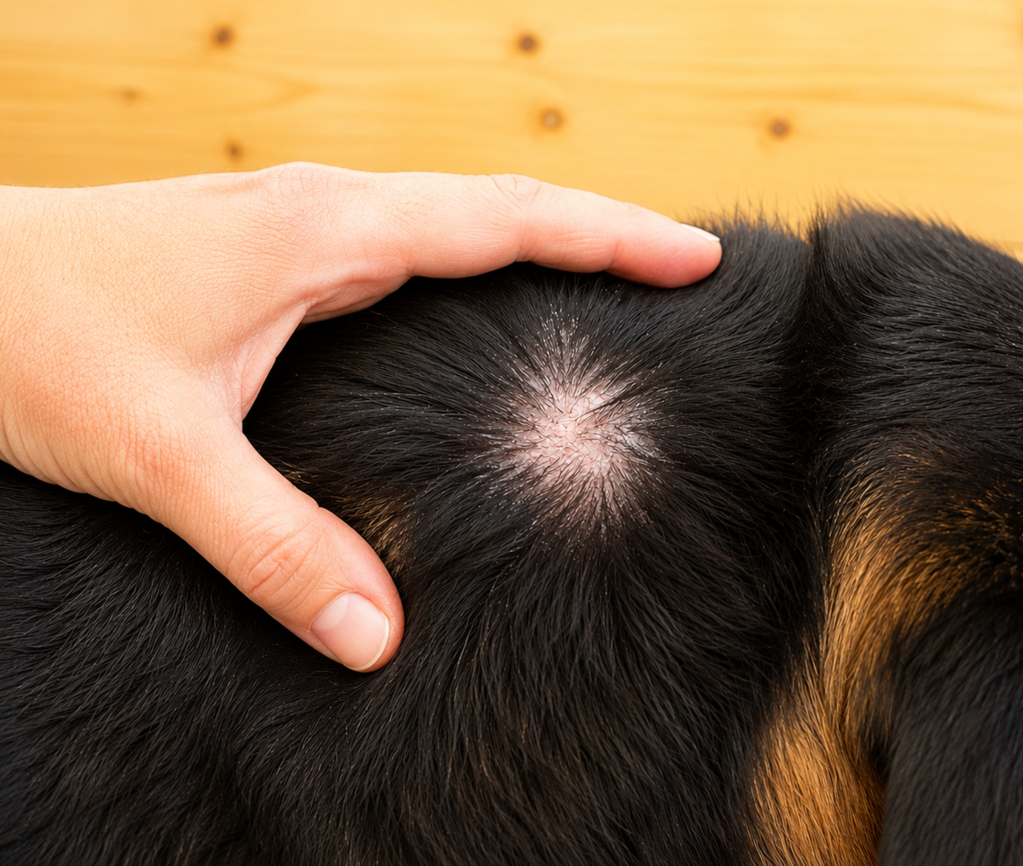 Close-up of a dog’s skin showing a hairless area being examined during a dermatological assessment.