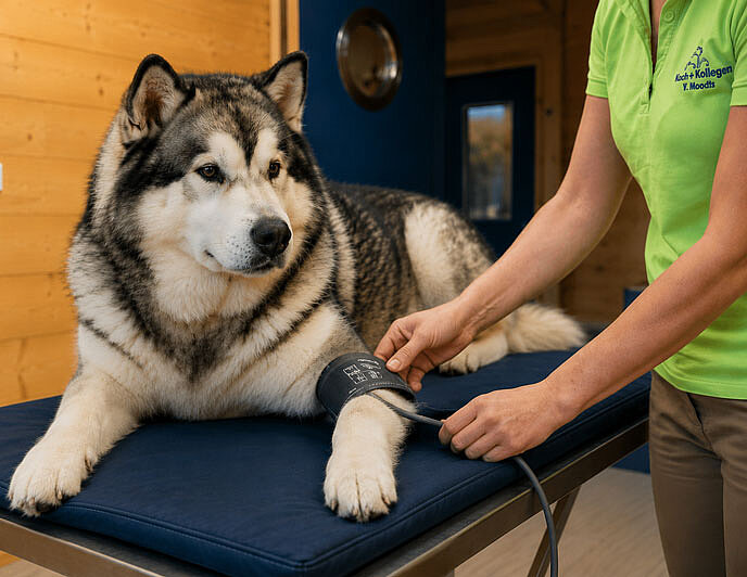 Hund während einer ruhigen Blutdruckmessung beim Tierarzt