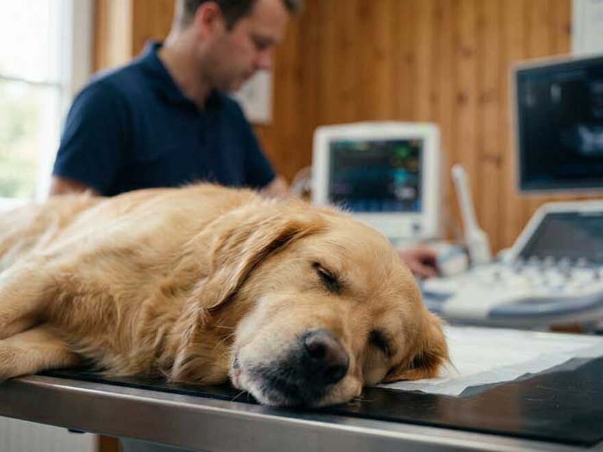 Hund unter Narkose beim Tierarzt auf OP-Tisch mit Monitoring und ruhiger Betreuung