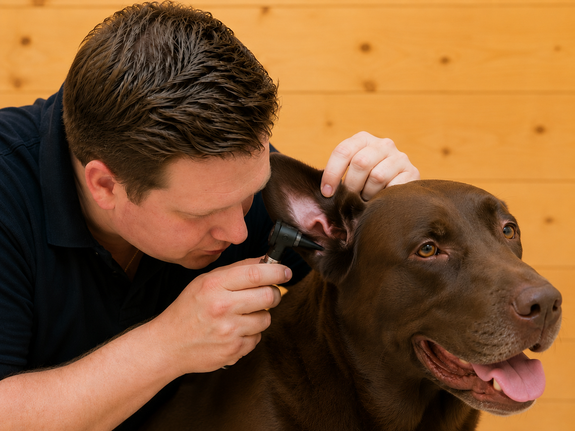 Veterinarian examining a dog’s ear during a dermatological consultation.
