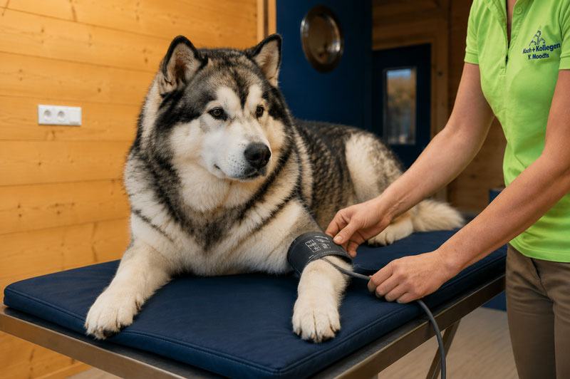 Dog having its blood pressure checked in a calm veterinary environment.