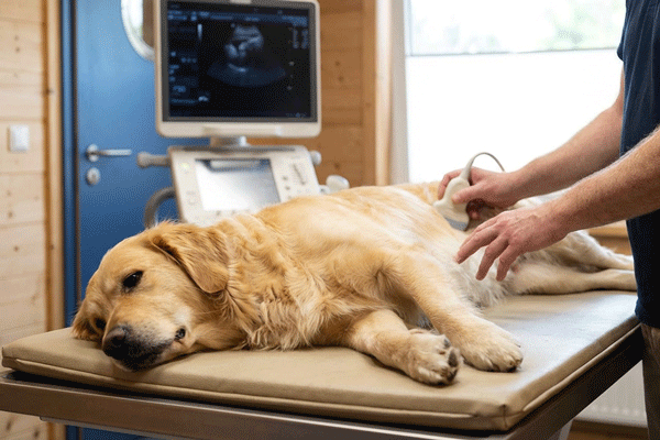 Dog undergoing an ultrasound examination at the veterinary practice.