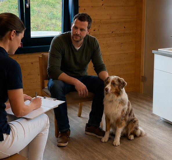 Veterinarian discussing a planned surgical procedure with a dog owner and their dog.