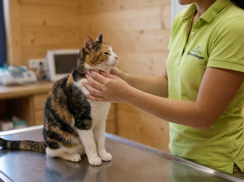 Cat during a veterinary examination at Koch & Kollegen Veterinary Practice in Aachen.